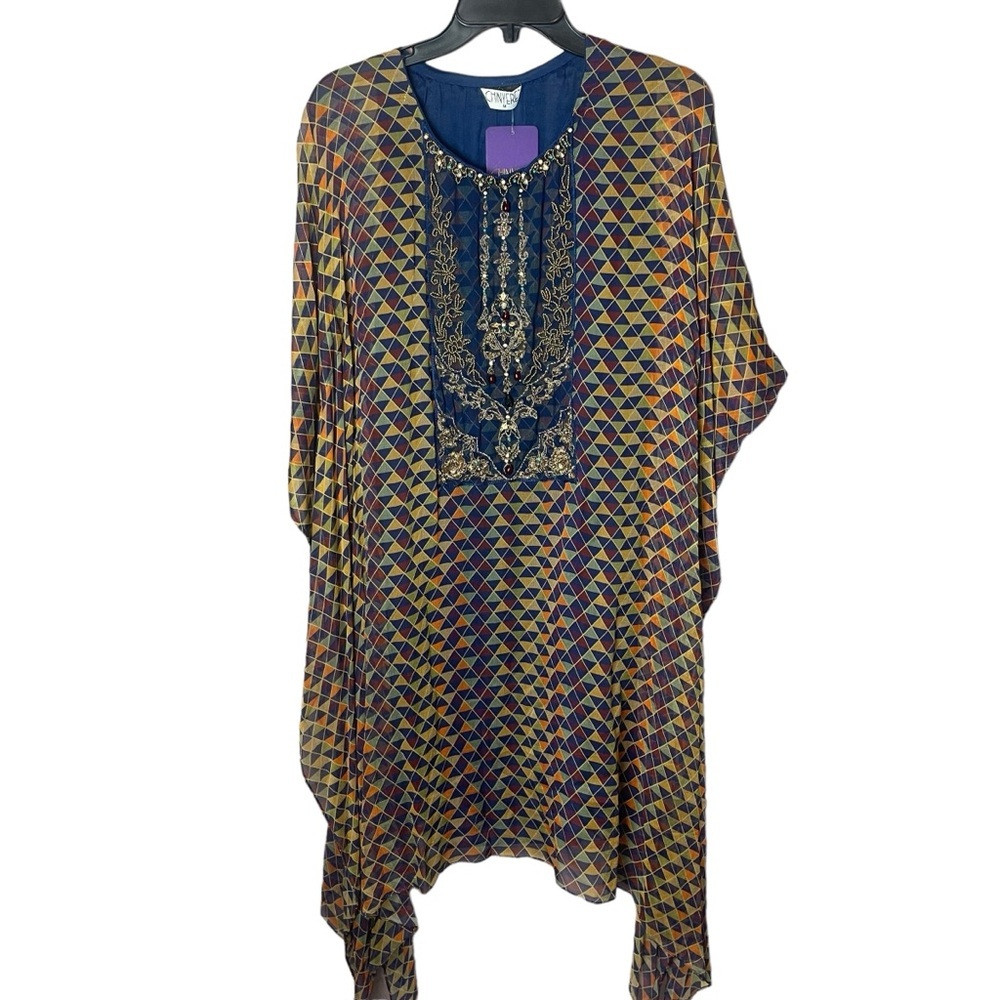 Chinyere Blue Mosaic Sheer Overlay Beaded Top